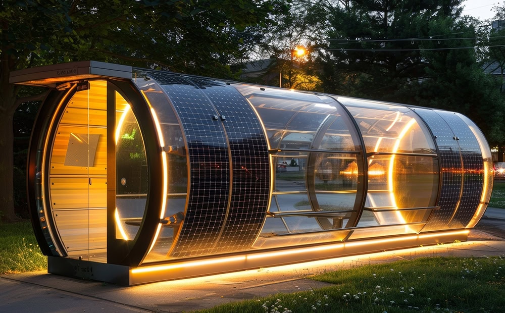 Cabin with flexible solar panels